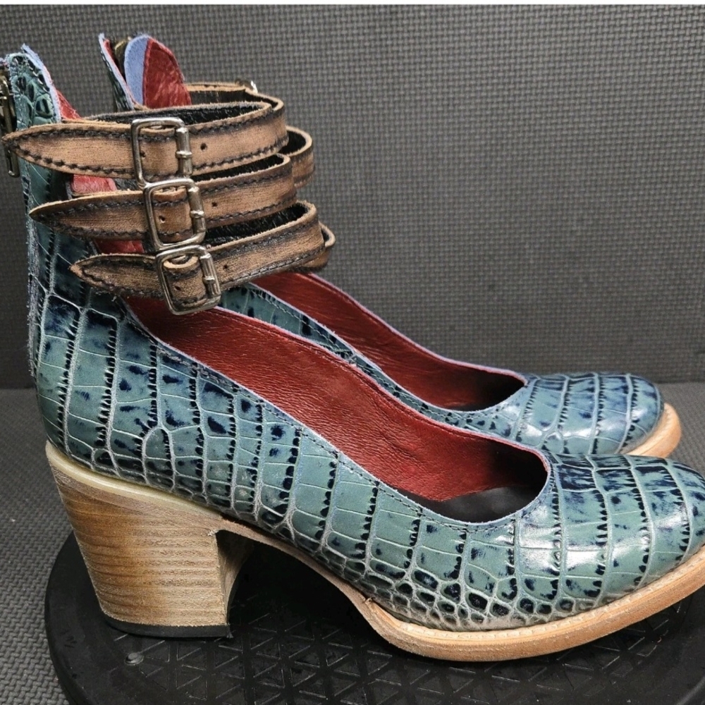 Freebird by Steven Teal Croc-Embossed Heels with Buckles